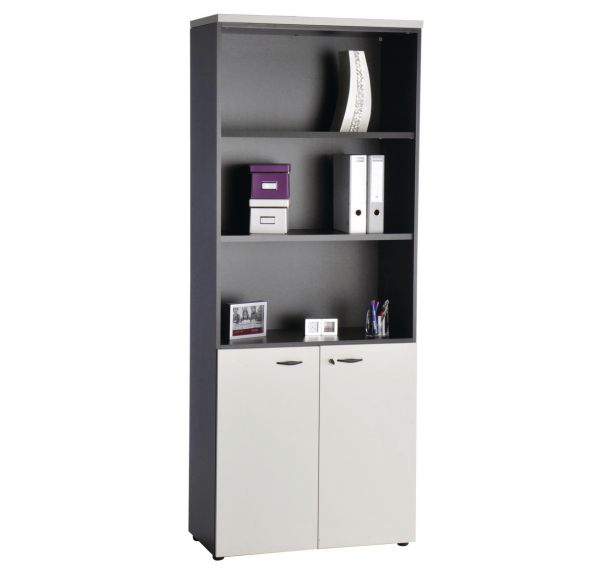 Bibliothèque ouverte + 2 portes basses battantes Tétris coloris gris/aluminium