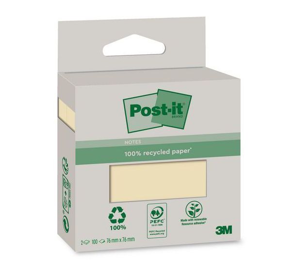 Bloc 100 feuilles recyclées Post-it 76x76 mm couleur jaune