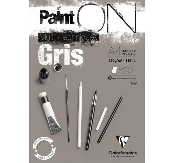 Bloc 30 feuilles PaintON Gris 250g - Clairefontaine