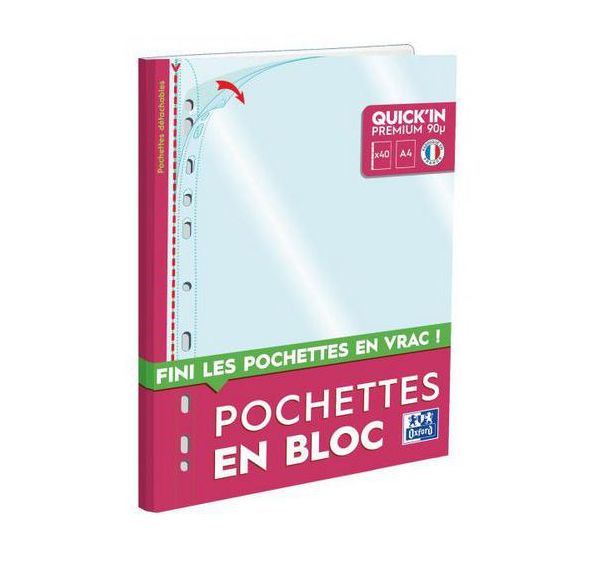 Bloc 40 pochettes détachables Quick'in polypropylène perforées 9/100e lisse incolore A4