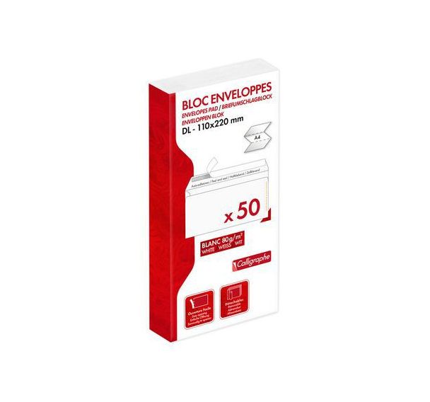 Bloc encollé de 50 enveloppes adhésives 110x220 80g