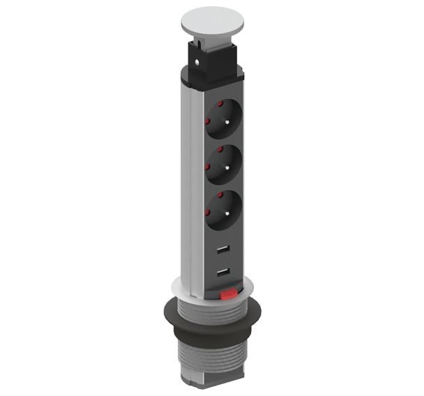 Bloc prise escamotable sortie verticale D60 mm - 3 prise + 2 USB