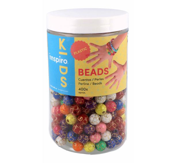 Bocal 400 perles plastiques couleurs assorties décor doré Ø 9mm