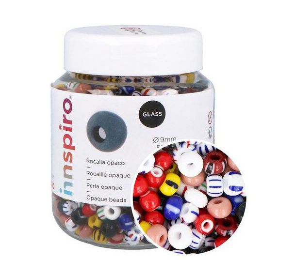 Bocal de 500g perles rocailles en verre multicolore rayées