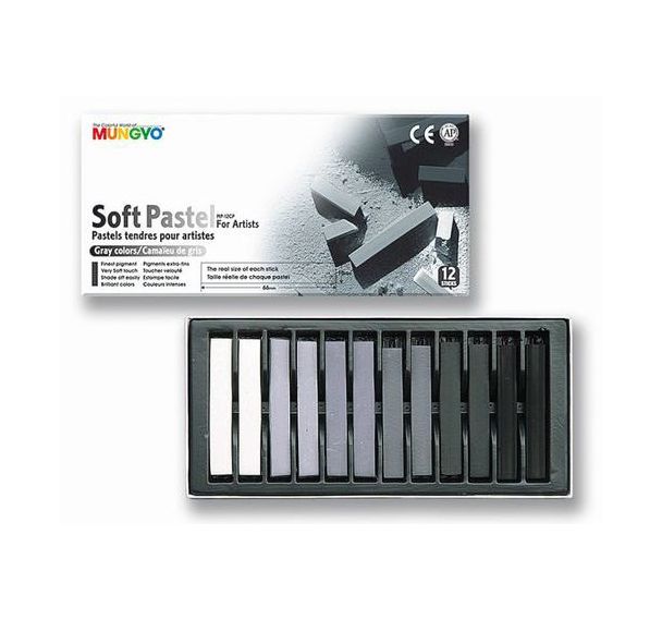 Boîte 12 pastels tendres Mungyo Camaieu de gris 66 mm