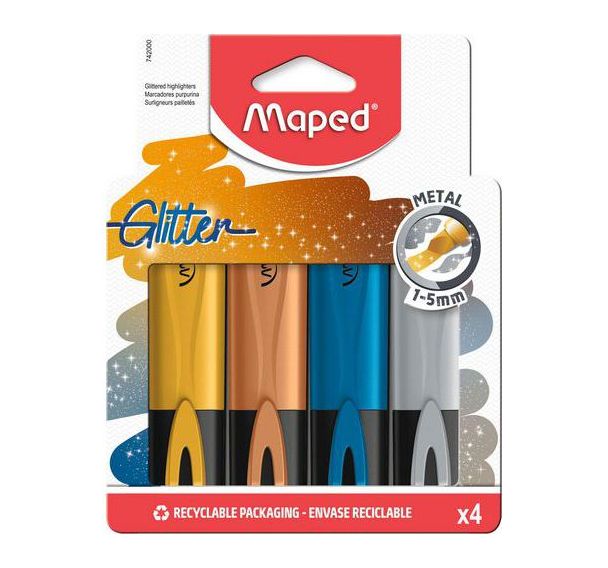 Boîte 4 surligneurs glitter métal couleurs assorties