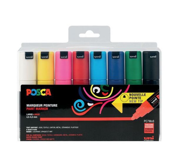 Boîte 8 marqueurs POSCA assortis, pointe conique large PC7M