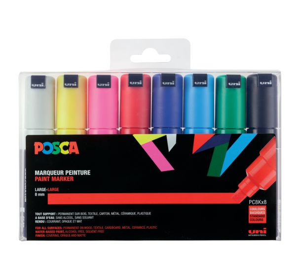Boîte 8 marqueurs Posca assortis, pointe biseautée