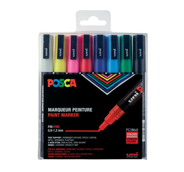Boîte 8 marqueurs Posca assortis, pointe conique fine 1.3 mm