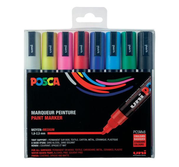 Boîte 8 marqueurs Posca assortis, pointe conique moyenne 2.5 mm