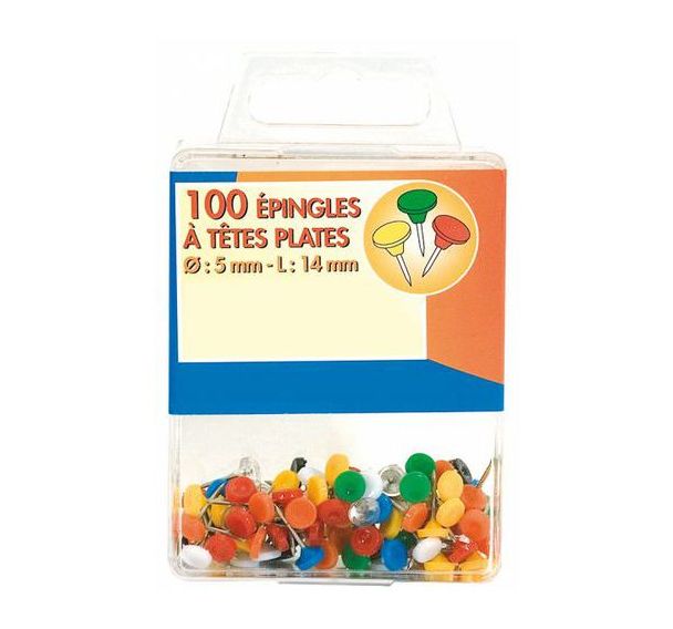 Boite de 100 épingles de signalisation tête plate couleurs assorties