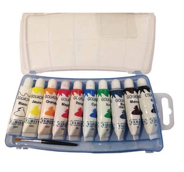 Boite de 10 tubes 10Ml en plastique de gouache  1 pinceau inclus
