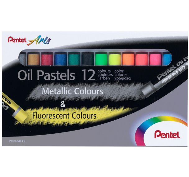 Boite de 12 Pastels à l'huile : 6 fluos et 6 métallisées 8mm