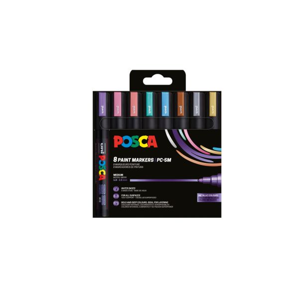 Boite de 8 marqueurs couleurs métallisées Posca pointe moyenne conique 2.5 mm
