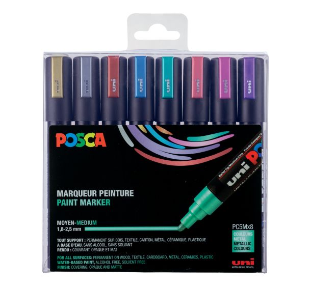 Boite de 8 marqueurs couleurs métallisées Posca pointe moyenne conique 2.5 mm