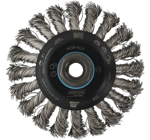 Brosse conique pour meuleuse fil torsadé 0,5 inox 115x15xM14 T27,5