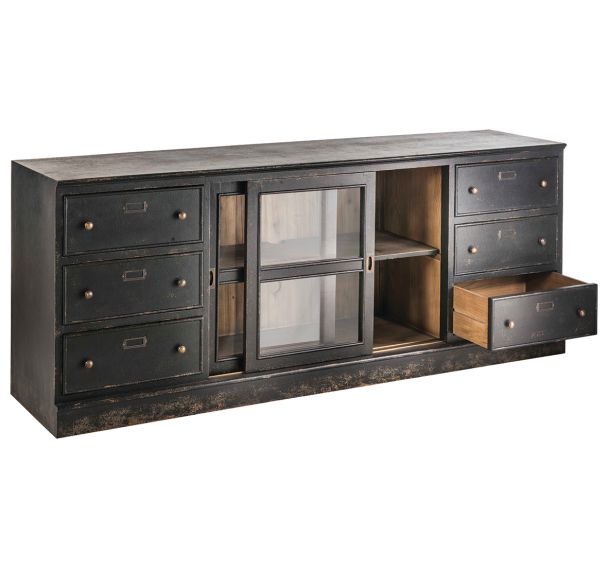 Buffet Amsterdam pin massif finition noire vieillie