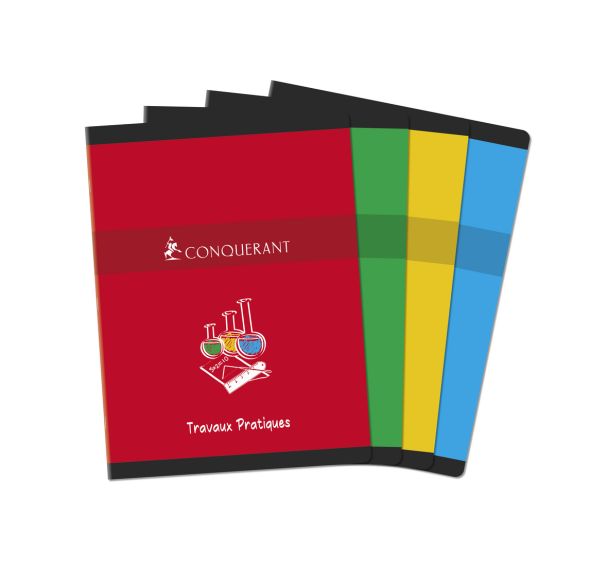 CONQUERANT Cahier de Travaux Pratiques 24x32cm Grands Carreaux Seyès/Uni Blanc 120 Pages Agrafées Couverture Carte Coloris Assortis