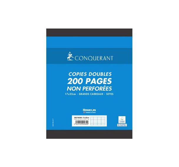 CONQUERANT Copies Doubles Non Perforées 17x22cm Grands Carreaux Seyès 200 Pages Sous Film Blanches