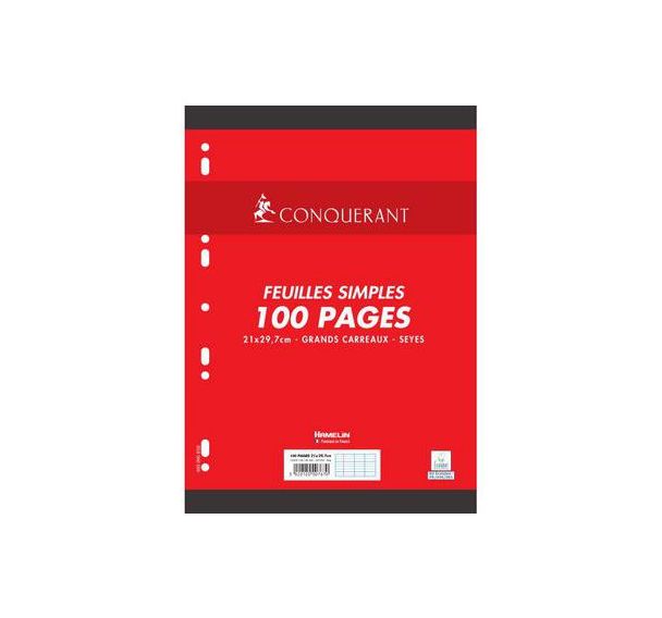 CONQUERANT Feuilles Simples A4 Grands Carreaux Seyès 100 Pages Sous Film Blanches