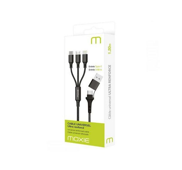 Câble nylon multi-connecteurs USB-A Type-C Lightning Moxie