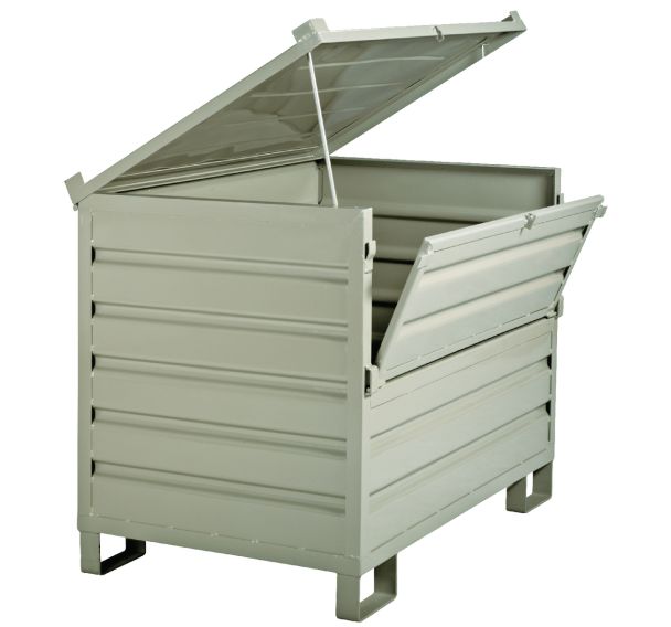 Caisse-palette pliable empilable - Paroi pleine - Avec couvercle et paroi rabattable - Sur pieds