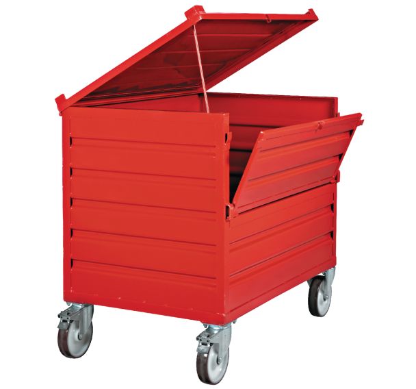 Caisse-palette pliable empilable - Paroi pleine - Avec couvercle et paroi rabattable - Sur roues