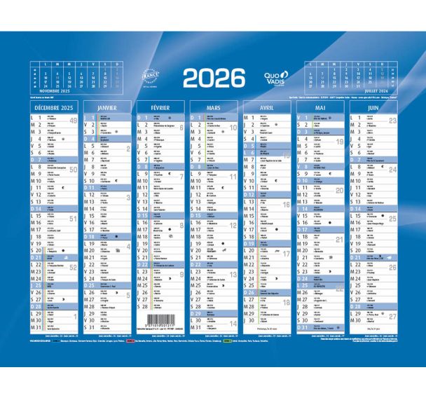 Calendrier banque - Bleu - Année 2026 - Quo Vadis