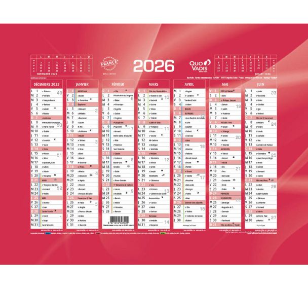 Calendrier banque - Rouge - Année 2026 - Quo Vadis