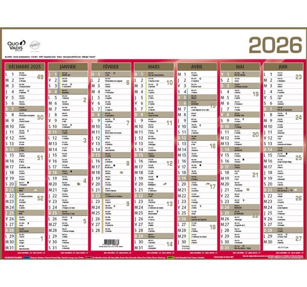 Calendrier mural banque - Or - 14 mois - 2026 - Quo Vadis