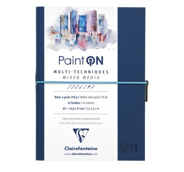 Carnet Paint'ON cousu double PU à élastique A5 64p 250g blanc à grain