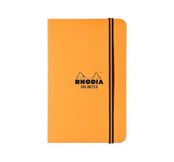 Carnet orange souple élastique ligné + cadre en-tête - Rhodia