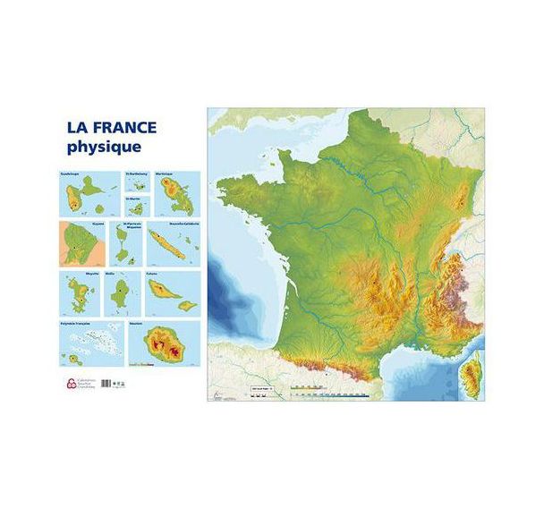 Carte murale muette France physique, recto seul