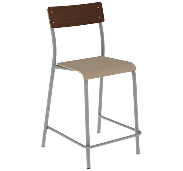 Chaise de bar André H60 assise hêtre dossier wengé piètement gris 9006