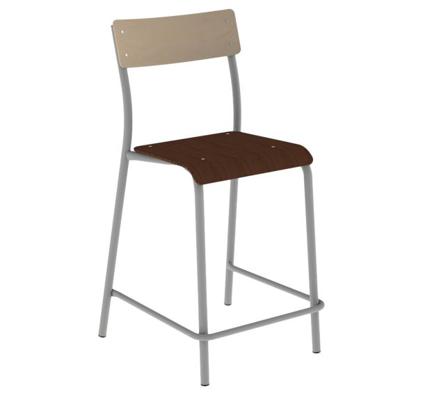 Chaise de bar André H60 assise wengé dossier hêtre piètement gris 9006