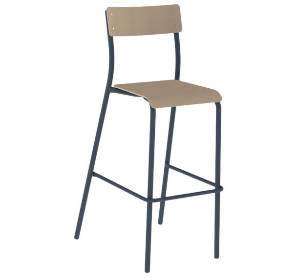 Chaise de bar André H80 assise et dossier hêtre piètement métal Mobidecor