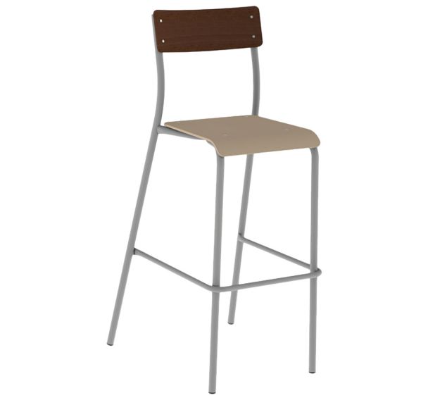 Chaise de bar André H80 assise hêtre dossier wengé piètement gris 9006