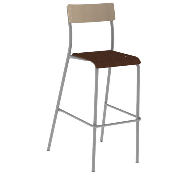 Chaise de bar André H80 assise wengé dossier hêtre piètement gris 9006