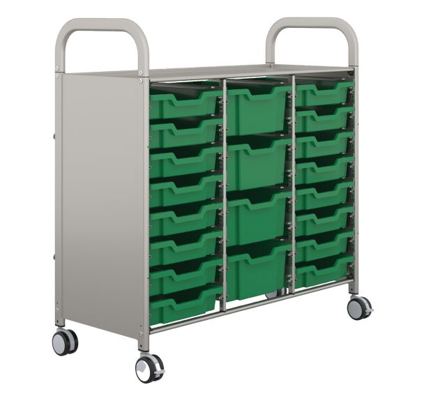 Chariot Callero 3 colonnes 16 bacs H. 7,5 et 4 bacs H.15cm vert-Gratnells