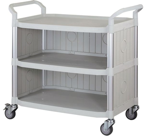 Chariot aluminium 4 roulettes, 3 plateaux - 3 côtés fermés