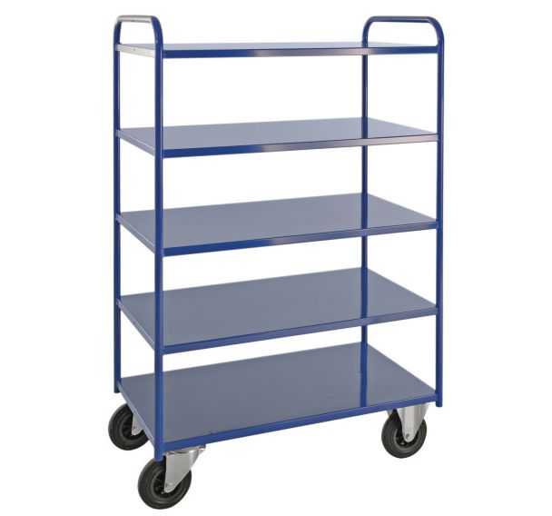 Chariot de transport 5 tablettes soudées 2 roues pivotantes avec frein
