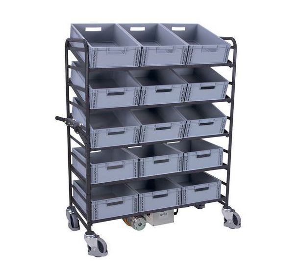 Chariot élec acier L1240 avec 15 bacs norme EU 250kg