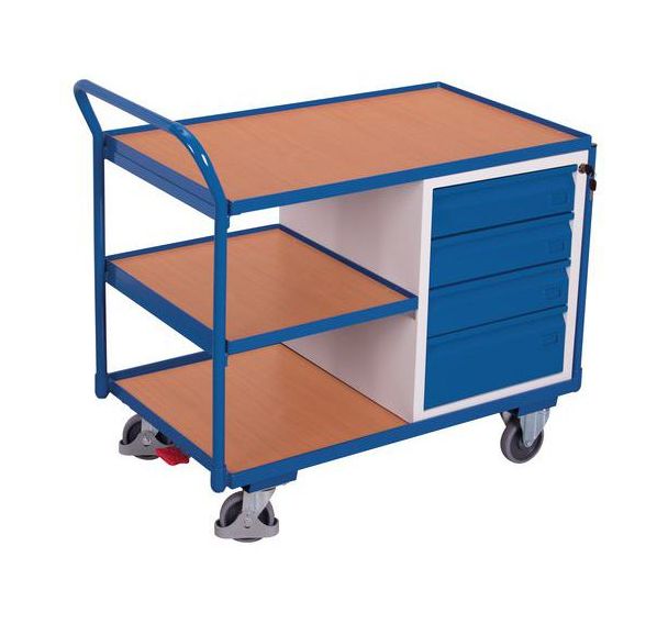 Chariot ergonomique 3 plateaux bois et bloc-tiroirs - Capacité 250 Kg