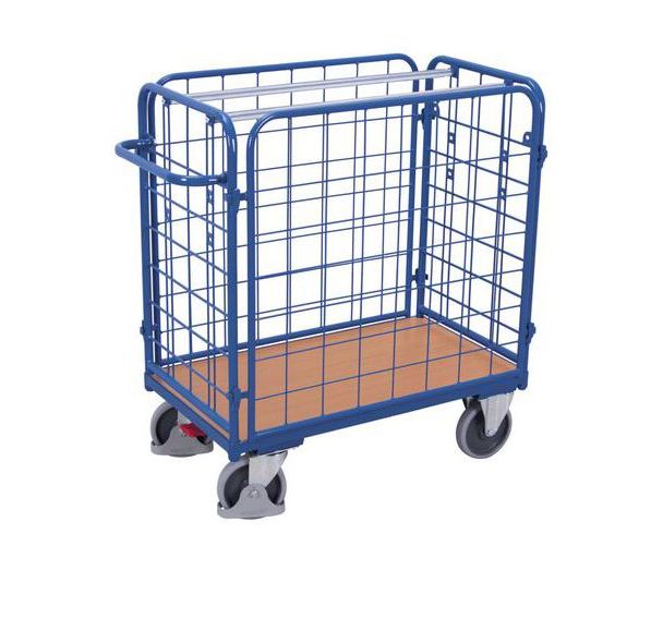 Chariot grillagé bas pour colis avec 4 parois