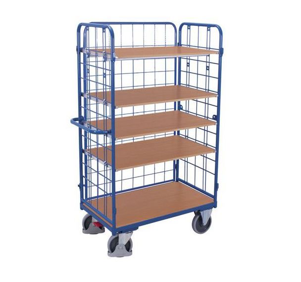 Chariot haut ergonomique grillagé 5 plateaux bois - Capacité 500 Kg