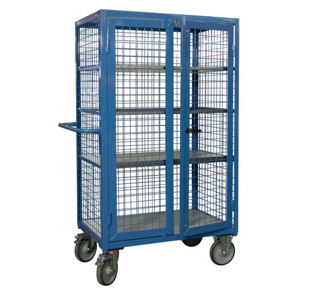 Chariot haut grillagé à portes 5 étagères 500 kg 1000 x 700 mm bleu