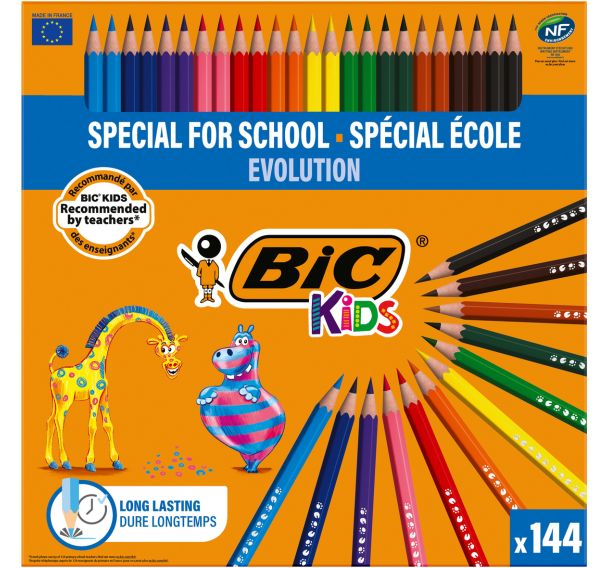Classpack 144 crayons BIC KIDS Evolution Ecolutions, 12 couleurs, 12 crayons par couleur