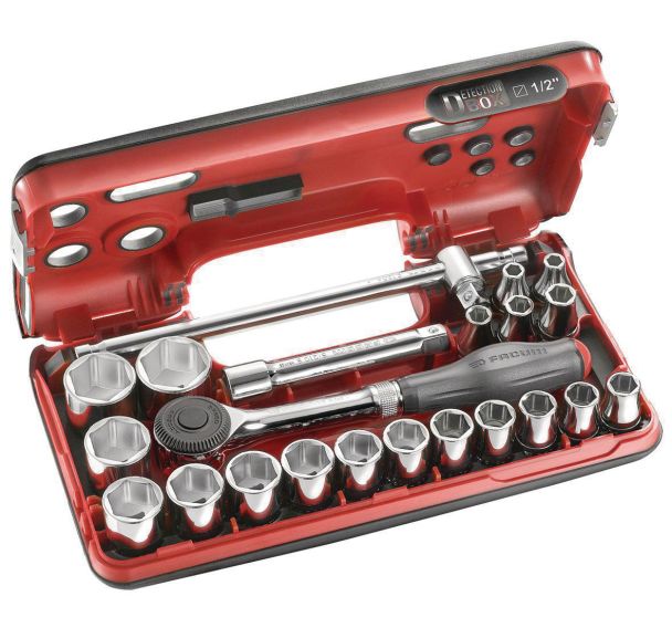 Coffret cliquet manche rotatif + douilles 1/2'' 6 pans