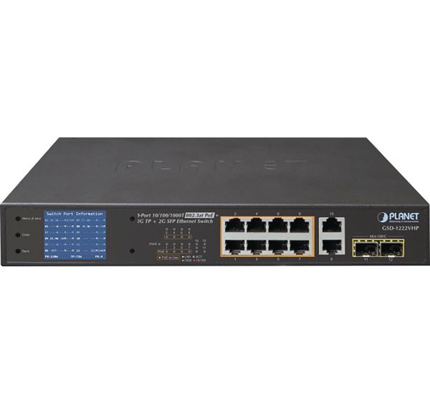 Commutateur Planet lcd 10P gigabit 8 PoE+ 120W & 2 SFP