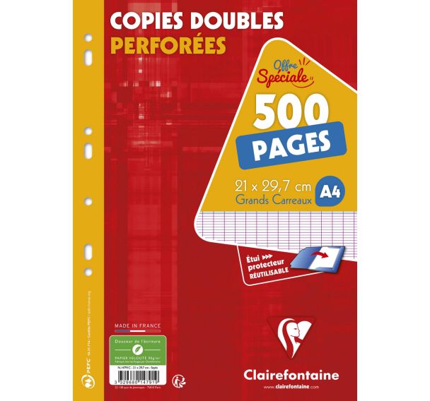 Copie double perforée seyes 500 pages 90 g 21x29.7cm (Etui de 125)